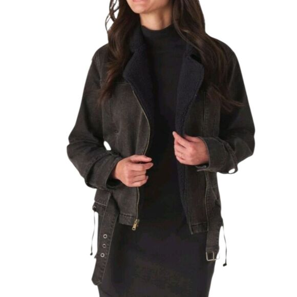 The Normal Brand Womens Denim Moto Jacket in Black Size M $198 Sherpa Lining - Picture 1 of 14
